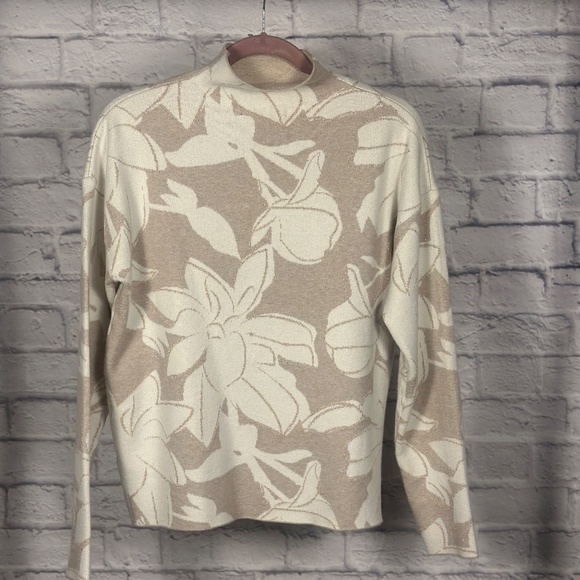 Tahari Beige and Cream Floral Jacquard Mock Neck Sweater - Picture 1 of 9